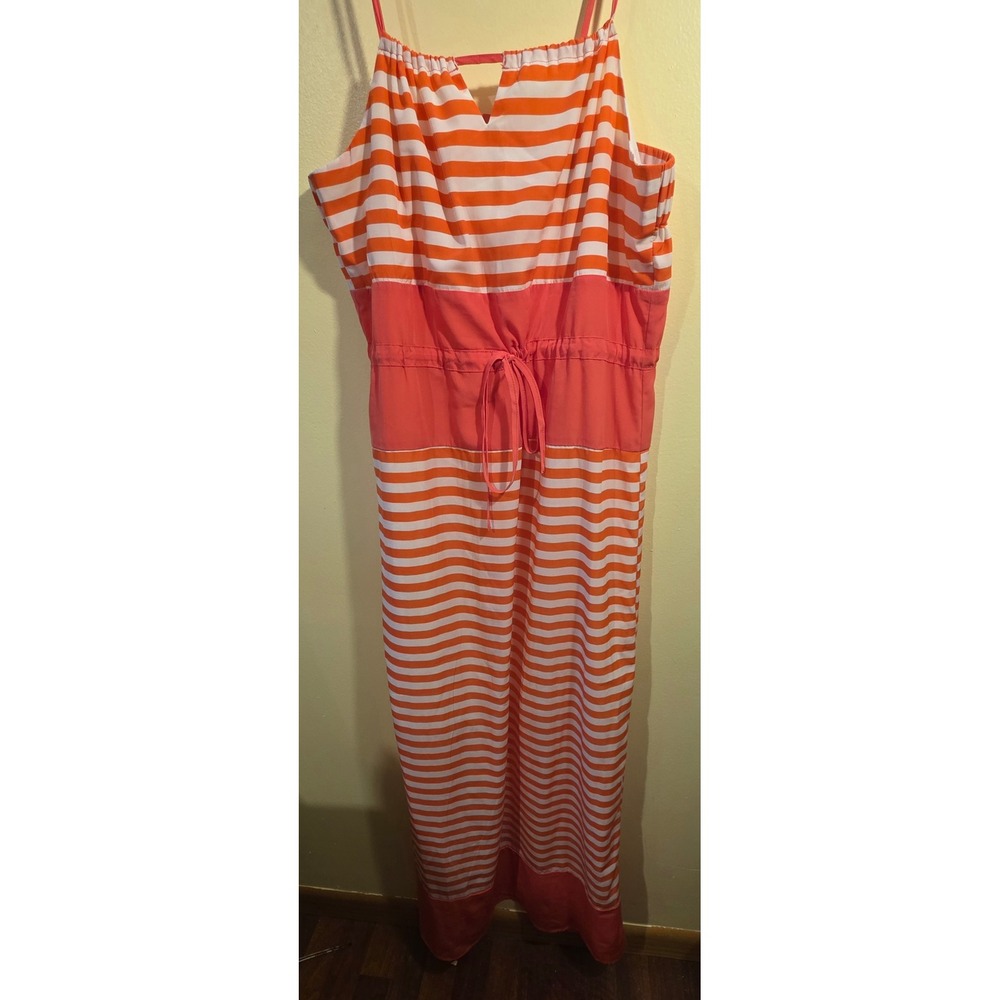 Romeo & Juliet Couture Coral White Striped Maxi Dress Medium Drawstring Waist - Picture 2 of 9